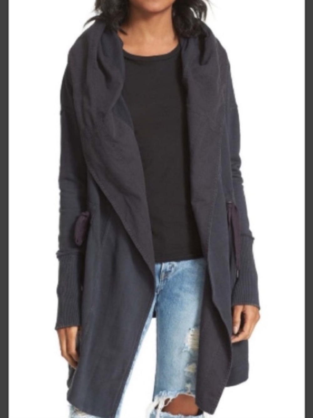 Free People Brentwood Cardi Cardigan Navy Oversized Hooded Pocket Cinch Waist-XL
